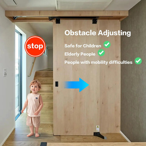 Kickass Motorized Sliding Barn Door Hardware Kit featuring safety features for children and elderly, up to 59 inches wide.
