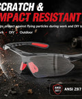 Top Shelf ANSI Z871 Safety Glasses For Trade Workers Featuring Tough As Nails Scratch Resistance And UV400 Eye Protection on a work surface.