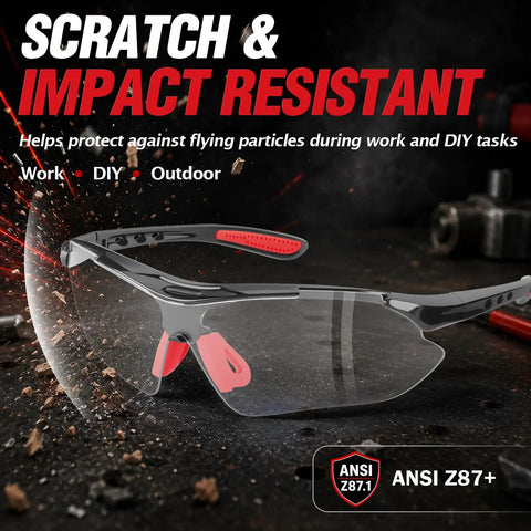 Top Shelf ANSI Z871 Safety Glasses For Trade Workers Featuring Tough As Nails Scratch Resistance And UV400 Eye Protection on a work surface.