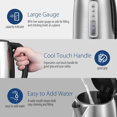 Fast Boil 1.7L Electric Kettle with cool touch handle, large gauge, easy to add water spout, BPA-free 304 stainless steel.