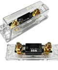 Heavy Duty ANL Fuse Holder With 50 Amp Inline Fuse Block For Car Audio Amplifier showing clear holder and gold connectors.