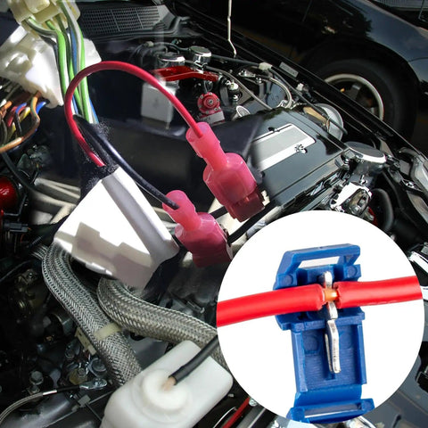 T Tap Wire Connectors Kit For Car Audio And Speaker Wiring, Quick Splice Self Stripping Terminals in automotive engine view.