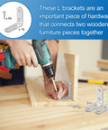 Person using a drill to install the 16 pcs stainless steel L bracket set with 64 screws, 90 degree corner braces for furniture assembly.
