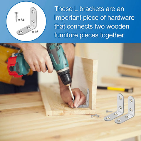 Person using a drill to install the 16 pcs stainless steel L bracket set with 64 screws, 90 degree corner braces for furniture assembly.