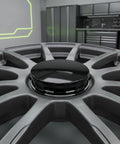 Close-up of Dope 4 Pack Black Abs Snap In Wheel Center Caps For 22 Inch Rims heavy duty rubber hub cover on alloy rim