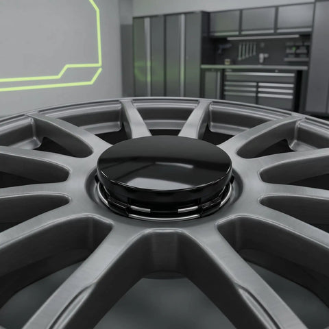 Close-up of Dope 4 Pack Black Abs Snap In Wheel Center Caps For 22 Inch Rims heavy duty rubber hub cover on alloy rim