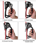 Go-To Climbing Hand Ascender For 8-13mm Rope in use, aluminum tool demonstrating handle operation with rope and cam mechanism