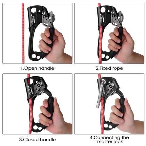 Go-To Climbing Hand Ascender For 8-13mm Rope in use, aluminum tool demonstrating handle operation with rope and cam mechanism