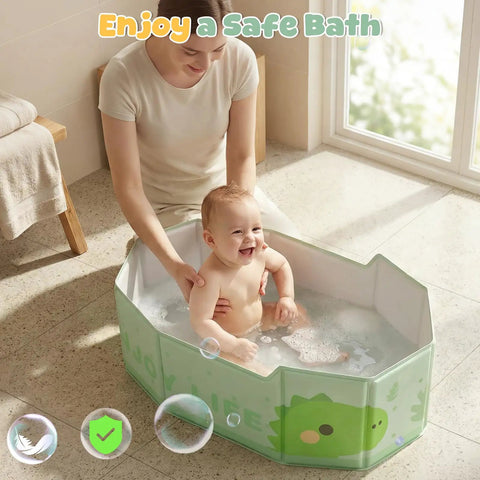 No Sweat Portable Folding Toddler Bathtub Equipped With Reliable Temperature Indicator Sticker And Swift Side Drain Valve For Effortless Rinsing And Compact Home Use with baby enjoying a bath.