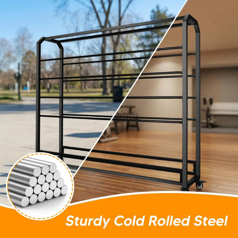 Adjustable Hanging Rod Bracket Floor To Ceiling Display Rack in black cold rolled steel indoors and outdoors view