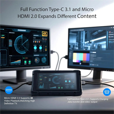 Killer Performance 10.1 Inch Rugged Tablet Built Like A Tank For Rough Jobsites Featuring Intel Celeron J4105 Chipset Windows 11 Pro showing connectivity options with monitors.