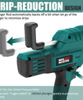 Cordless Caulking Gun Kit With Six Speed Control showing drip reduction design and plunger rod in action
