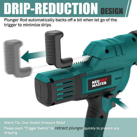 Cordless Caulking Gun Kit With Six Speed Control showing drip reduction design and plunger rod in action