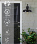 Gooseneck Barn Light Outdoor Wall Mount Fixture In Black Exterior With White Interior by a gray wall and black door