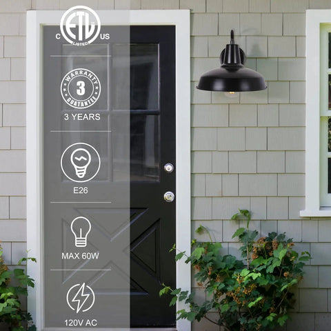 Gooseneck Barn Light Outdoor Wall Mount Fixture In Black Exterior With White Interior by a gray wall and black door