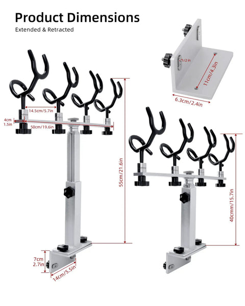 Crappie Rod Holder System For Boat Track Mount Four Rod Adjustable Spider Rig Setup Built With 316 Stainless Steel And Marine Aluminum Durable Track Compatible Design Fits Most Standard Track Systems, dimensions extended and retracted