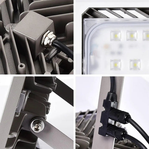 Close-up of JUDYSSY Led Floodlight Outdoor Super Bright, showcasing waterproof connectors and heat dissipation design.
