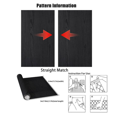 Dope Matte Black Peel And Stick Wood Texture Wallpaper Roll 16 Inch By 120 Inch Self Adhesive Cover For Countertops Cabinets Desks And Bathrooms Easy To Cut Removable Kitchen Decor showing straight match pattern and instructions