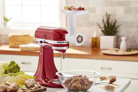 Red stand mixer using Game Changing Food Grinder And Fresh Prep Slicer Shredder Attachment Bundle For Stand Mixers Power Hub