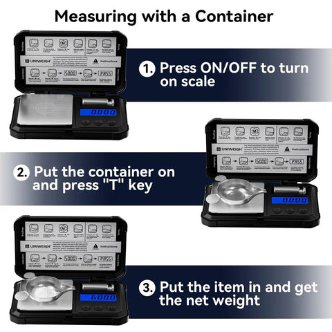 Ultra Precise Milligram Scale 50g 0.001g With LCD Tare Six Units G Oz Ozt Dwt Ct Gn Includes Calibration Weight And Batteries Digital Jewelry Scale For Powder Coins Gold Reloading with step-by-step tare instructions.