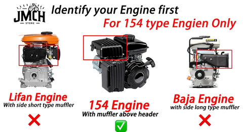 Comparison of Lifan, 154, and Baja engines highlighting muffler positions for engine identification instructions