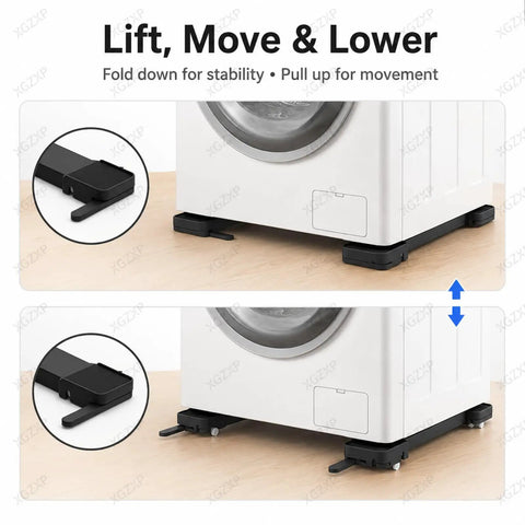 Lift, Move & Lower mechanism of Heavy Duty Washer Dryer Pedestal With Roller Sliders For Easy Lift Move And Lower Heavy Appliances.