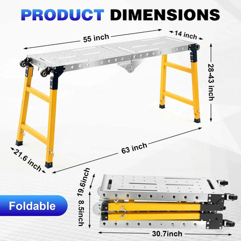 Beefy Steel Welding Table With Casters Portable Work Platform 1100 Lb Load Capacity Adjustable Height 55 X 14 Inch Galvanized Top Dual Function Welding Table And Folding Bench; dimensions displayed with foldable feature