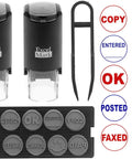 No Fuss Self Inking Stamp Kit With Two Boss Grade Rubber Office Stamps, ten custom dies, and a metal tweezers tool.