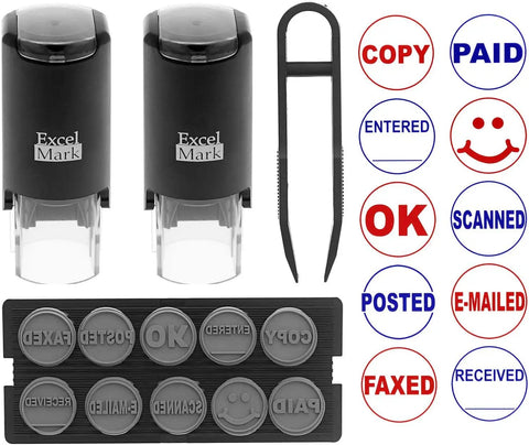 No Fuss Self Inking Stamp Kit With Two Boss Grade Rubber Office Stamps, ten custom dies, and a metal tweezers tool.