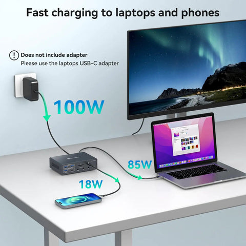 Thunderbolt Docking Station Expands 3 4K 60Hz Displays For M1 M2 M3 M4 MacBook Pro Air Using Displaylink Tech charging setup with laptop.