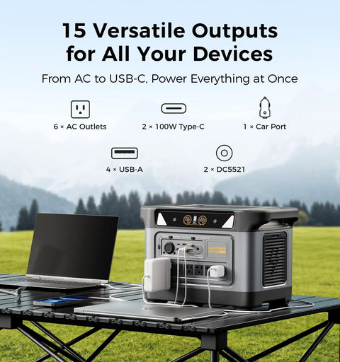 Hella Durable 2083Wh Solar Generator Pumping 2400W Of Smooth Juice Through Six AC Plugs DC Ports USB Slots And Sun Powered Input with multiple ports on a table.