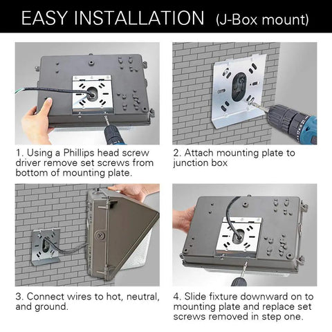 Installation guide for 120W Outdoor LED Wall Pack Light With Photocell, IP65, showing steps to mount and wire the fixture.