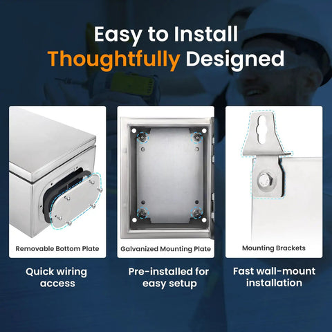 Heavy Duty 304 Stainless Steel Electrical Junction Box IP65 Waterproof Lockable Metal Enclosure For Indoor And Outdoor 14 By 10 By 6 Inch features removable and galvanized mounting plates.