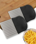 Two-piece large crinkle cutter set with stainless steel blades and black ergonomic handles for crinkle fries.