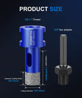 Heavy Duty 2 Pack 5/8 Inch Diamond Hole Saw And Vacuum Brazed Wet Dry Core Bit For Porcelain Tile with hex adapter and dimensions.