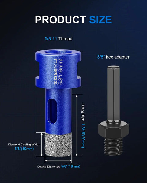 Heavy Duty 2 Pack 5/8 Inch Diamond Hole Saw And Vacuum Brazed Wet Dry Core Bit For Porcelain Tile with hex adapter and dimensions.
