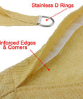Close-up of yellow Triangle Shade Sail Canopy 12x12x12 Ft Built Tough 200 GSM High Density Fabric with reinforced edges and D rings.