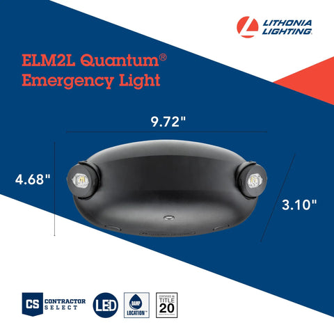 Lit LED Emergency Light With Manual Testing, 220 Lumens, Black, showing dimensions for large commercial spaces