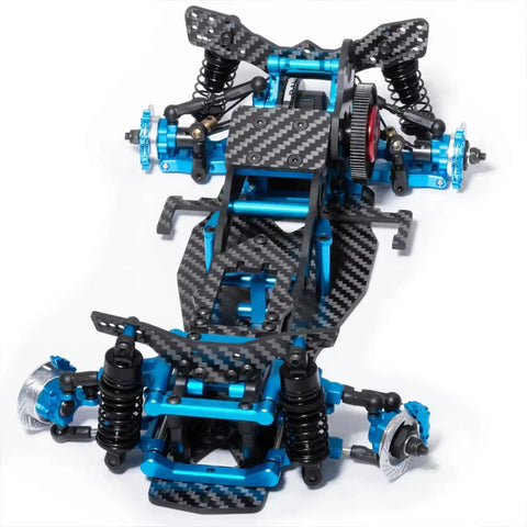Tool Free RC Chassis Frame Parts Upgrade Kit For 1 By 10 Drift Cars D5 Style Lightweight Alloy Frame Set, blue and carbon fiber design.