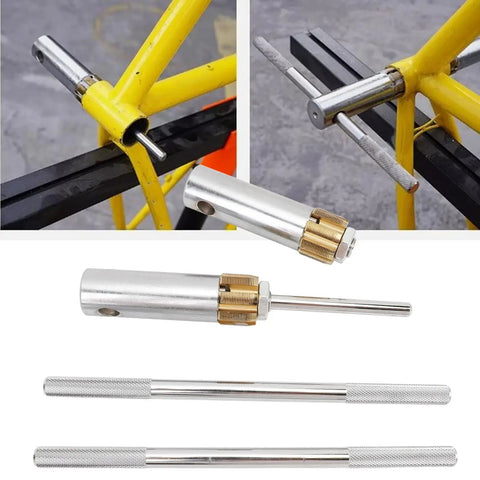 Pro-Grade Bottom Bracket Thread Tapping Tool Kit With Replaceable Taps shown on yellow bike frame, close-up view.