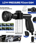 Close-up of low-pressure foam gun from 45 Piece Car Detailing Kit Beast With Pro Brush Set, features 8 spray patterns and 100ml soap bottle