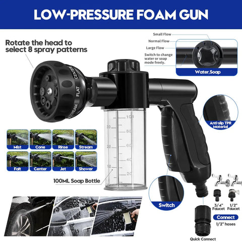 Close-up of low-pressure foam gun from 45 Piece Car Detailing Kit Beast With Pro Brush Set, features 8 spray patterns and 100ml soap bottle