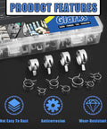 121Pcs 12 Sizes 7mm To 22mm Spring Band Hose Clamps Kit With Vacuum Fuel Silicone Pipe Clips displayed with features