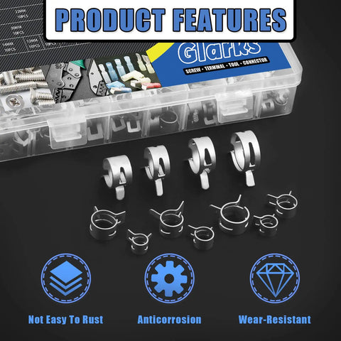 121Pcs 12 Sizes 7mm To 22mm Spring Band Hose Clamps Kit With Vacuum Fuel Silicone Pipe Clips displayed with features