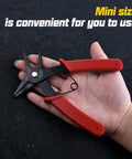 Two Pack 2 In 1 Snap Ring Pliers with red handles shown in a hand, emphasizing mini size and convenience for use