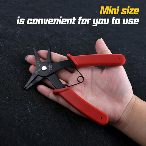 Two Pack 2 In 1 Snap Ring Pliers with red handles shown in a hand, emphasizing mini size and convenience for use