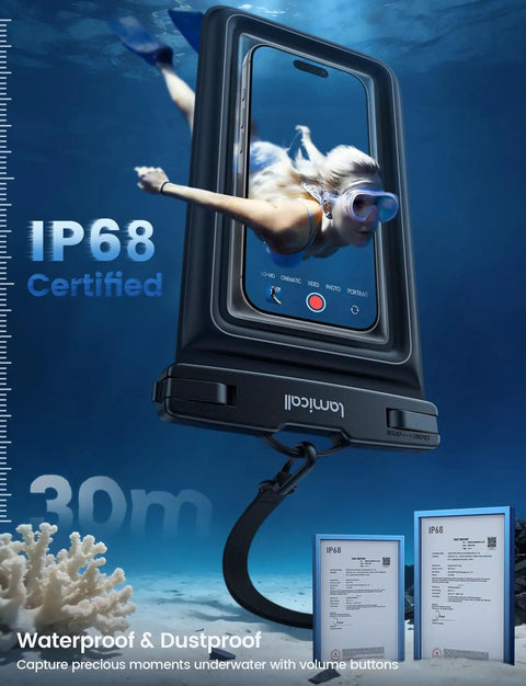 Underwater view of IP68 Floating Waterproof Phone Pouch Two Pack With Lanyard, featuring a swimmer and IP68 certification details.