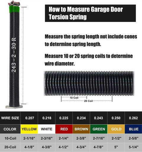 Heavy Duty Pair Garage Door Torsion Spring Set 0.243 Inch Wire, 2 Inch ID, 30 Inch Length, with measurement guide.
