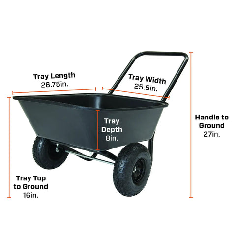 Two Wheel Garden Barrow With Rust Proof Powder Coated Frame Black Loop Handle Cart dimensions 26.75x25.5x8 inches