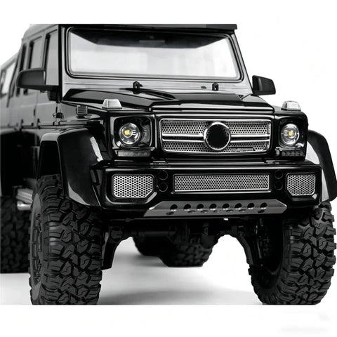 Beefy Stainless Steel Front Grille Radiator Guard for 1/10 Scale RC Crawlers like TRX4, G500, TRX6, G63 on black RC car